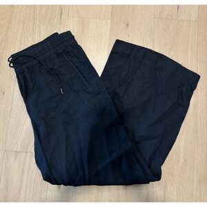 Athleta Cabo Linen Wide Leg Pants Chambray Black Pocket Drawstring Size Large